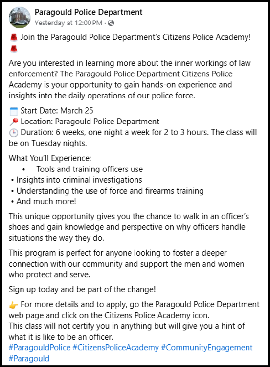 Police Department Hiring Post: Contact PPD for more information.